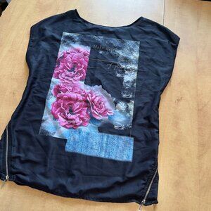 Elegant Black Top with Pink Floral Design